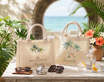 Personalized Palm Tree Tote Bag, Custom Wedding Welcome Bag, Tropical Beach Canvas Tote, Destination Wedding Favor, Bridesmaid Gift