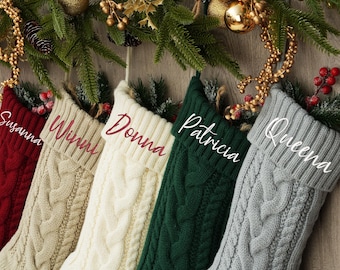 Custom Name Christmas Stocking, Personalized Cable Knit Stocking, Embroidered Family Xmas Stocking, Fireplace Holiday Decor, Christmas Gift