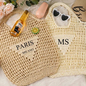 Personalized Raffia Beach Tote Bag: Custom Initial Woven Straw Bag