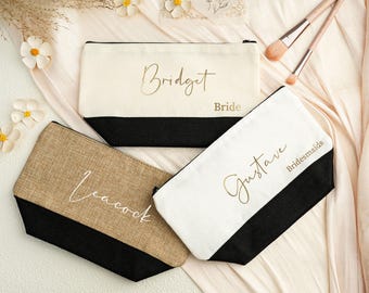 Personalized Cotton Canvas Makeup Bag, Bridesmaid Gift, Zipper Pouch