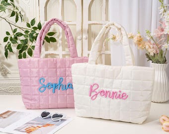 Personalized Quilted Nylon Tote Bag, Embroidered Beach Bag, Bridesmaid Gift