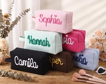 Personalized Waffle Cosmetic Bag, Custom Embroidered Name Makeup Bag, Bridesmaid Gift, Monogram Toiletry Pouch, Travel Makeup Bag