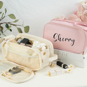 Trousse de maquillage en cuir gravée personnalisée, pochette pour demoiselle d'honneur de mariage, organiseur de rangement pour cosmétiques de voyage, cadeau de fête d'anniversaire, sac de voyage personnalisé
