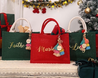 Personalized Christmas Gift Bag, Jute Holiday Present Bag with Charm