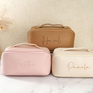 Leather Embroidered Makeup Bag,Custom Cosmetic Bag with Name,Large Capacity Cosmetic Bag,Bridesmaid Gift,Makeup Organizer,Bridal Shower Gift