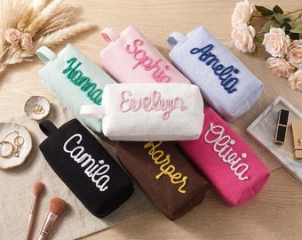 Personalized Waffle Cosmetic Bag – Custom Makeup Pouch, Bridesmaid Gift, Travel Toiletry Bag, Monogram Zipper Pouch, Birthday Gift