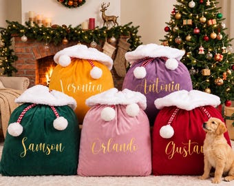 Personalized Velvet Santa Sack | Large Embroidered Christmas Gift Bag with Name | Reusable Holiday Sack for Kids & Family