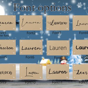 Puede incluir: Una exhibici&oacute;n de doce dise&ntilde;os de placas de identificaci&oacute;n, cada uno con el nombre "Lauren" en varias fuentes. Las placas son rectangulares con esquinas redondeadas, montadas sobre acr&iacute;lico transparente. El texto "Font options" est&aacute; en la parte superior.