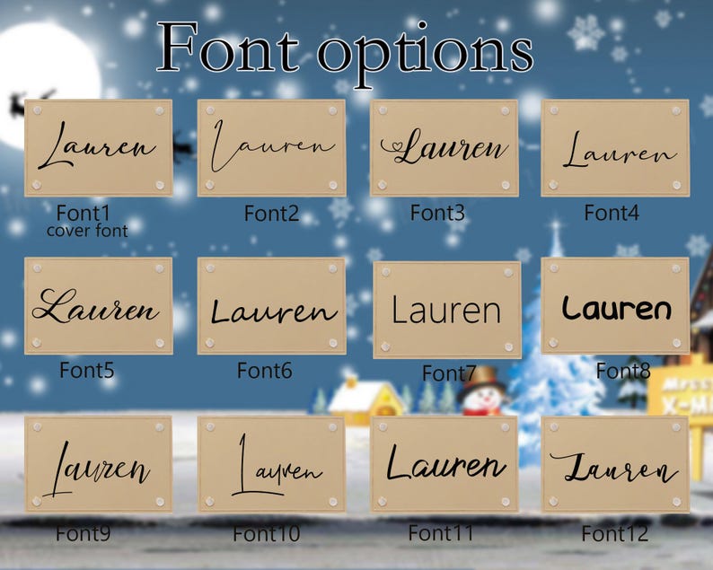 Puede incluir: Una exhibici&oacute;n de doce dise&ntilde;os de placas de identificaci&oacute;n, cada uno con el nombre "Lauren" en varias fuentes. Las placas son rectangulares con esquinas redondeadas, montadas sobre acr&iacute;lico transparente. El texto "Font options" est&aacute; en la parte superior.