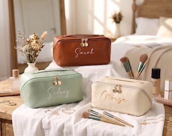 Personalized Leather Cosmetic Bag, Embroidered Makeup Travel Bag,Mother's Day Gift