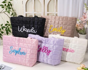 Embroidered Monogram Quilted Nylon Tote Bag, Personalized Everyday Carryall