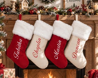 Custom Name Christmas Stocking, Personalized Red Velvet Plush Stocking, Family Stocking, Fireplace Holiday Decor, Christmas Gift