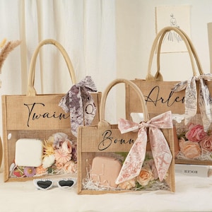 Custom Jute Bag With Scarf,Custom Burlap Tote,Burlap and PVC Bags,Personalized Bridesmaid Tote Bags,Bachelorette Gift Bag,Wedding Favors