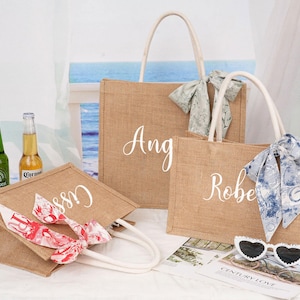 Personalized Burlap Tote Bag,Custom Name Jute Bags,Bridesmaid Gift Bag,Bachelorette Party Favors,Beach Tote Bags,Bridal Shower Gift Bags