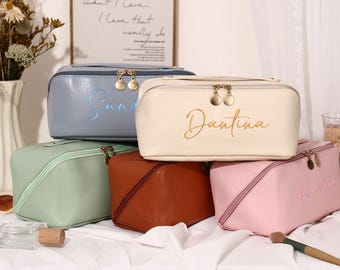 Neceser de cuero personalizado, neceser de viaje bordado, regalo para el Día de la Madre.