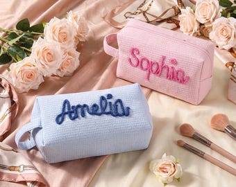 Personalized Waffle Cosmetic Bag – Custom Makeup Pouch, Bridesmaid Gift, Travel Toiletry Bag, Monogram Zipper Pouch, Birthday Gift