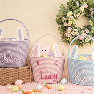 Personalized Easter Basket,Easter Bunny Baskets For kid,Bunny Ear Rope Basket,Easter Egg Hunt Basket,Easter Bucket,Rope Cotton Gift Basket