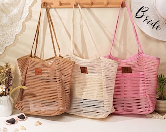 Personalized Straw Beach Tote Bag, Engraved Bridesmaid Gift