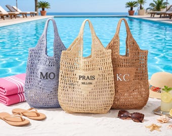 Personalized Raffia Beach Tote Bag, Embroidered Initials Monogram Straw Tote, Bachelorette Party Gift, Bridesmaid Beach Bag