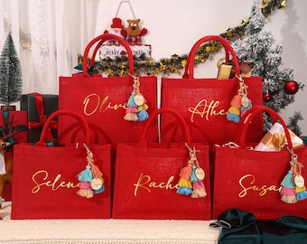 Personalized Red Jute Christmas Gift Bag with Charm
