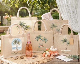 Personalized Palm Tree Canvas Tote Bag, Tropical Wedding Welcome Bag, Bridesmaid Gift, Destination Beach Wedding Favors, Custom Name Tote