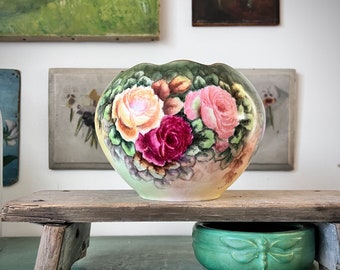 Antique Bavarian hand-painted rose planter, Round scalloped vase, Valentines Day gift