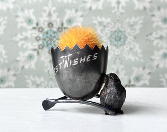 Victorian "Best Wishes" egg cup, Blackened silver egg cup, Quadruple plate bird, Figural egg cup