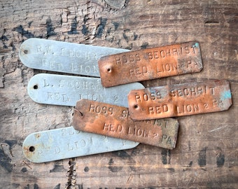 Rustic metal name tags, Red Lion Pennsylvania, Vintage metal name plates, Assemblage supplies