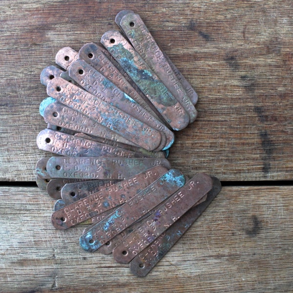 Rustic Farm Tags, Vintage Copper Tags, Rustic Assemblage Supplies, New Hampshire Farmer