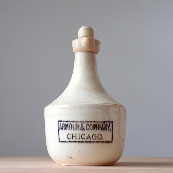 Antique Armor & Company stoneware jug, 1800's stoneware, Chicago advertising transferware, Beef extract bottle, Butcher shop decor