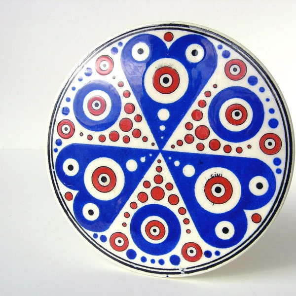 Vintage Ceramic Turkish Hearts Tile, Red White and Blue, Valentine's Day Trivet, Nordic Style