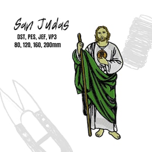 May include: An embroidered image of San Judas, a religious figure, in white and green robes, holding a staff. The image includes the text "San Judas" and size specifications in millimeters.