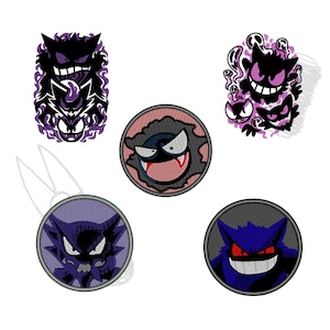 Ghosts Characters inspired in Pokemon monsters digital embroidery machine files. Gastly, Haunter, Gengar