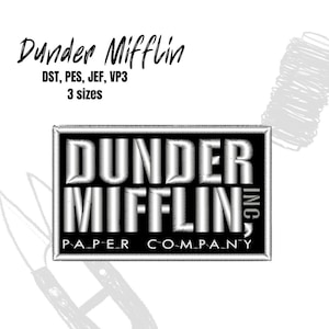 May include: A black and white embroidered patch with the text "Dunder Mifflin, Inc. Paper Company" in a silver-coloured font.