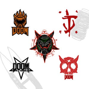 May include: Five embroidered patches featuring designs from the video game Doom. The patches include the Doom logo, a helmet with flames, a demonic skull, and other game symbols. The patches are in various colors, including orange, black, and red.