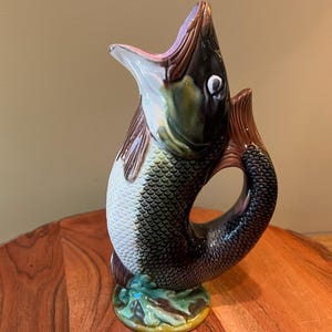 English Circa 1880s  Majolica Fish Glug Jug - Wine  Pitcher Hand-Painted, 9 1/4&#39;&#39; Tall, Nautical - Glazed Ceramic - Figural - Coastal