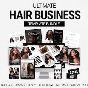 Puede incluir: Un paquete de plantillas digitales para un negocio de peluquería, con el texto "ULTIMATE HAIR BUSINESS TEMPLATE BUNDLE". La imagen muestra un monitor de ordenador, una tableta y un smartphone que muestran materiales de marketing.