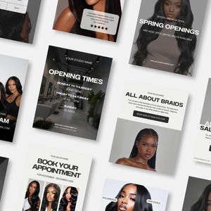 May include: A selection of promotional flyers for a hair salon, featuring images of women with different hairstyles. The flyers include text such as "Opening Times", "All About Braids", and "Join Our Team". The colour scheme is mainly black, white, and grey.