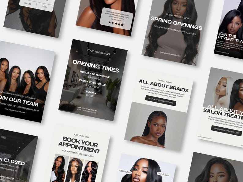 May include: A selection of promotional flyers for a hair salon, featuring images of women with different hairstyles. The flyers include text such as "Opening Times", "All About Braids", and "Join Our Team". The colour scheme is mainly black, white, and grey.