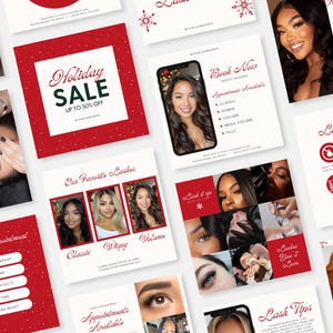 May include: A series of red and white promotional graphics for a lash business. The graphics feature images of women, text about lash services, and a holiday sale announcement. Text includes "Holiday Sale", "Book Now", and "Lash Tips".