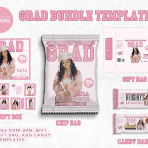 May include: A pink graduation bundle template with the text "Grad Bundle Template". Includes templates for a chip bag, gift box, gift bag, and candy bars. The templates feature a photo of a graduate.