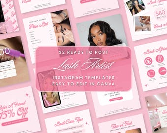 32 Y2K Pink Lash Tech Instagram Post Templates, Lash Quotes, Lash Posts, Lash Tech Branding, Canva Templates, Lash Artist Social Media
