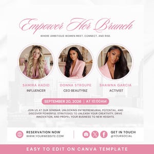 Puede incluir: Un folleto rosa para el evento "Empower Her Brunch" con tres retratos de mujeres. El folleto incluye la fecha, la hora y una llamada a la acción para un seminario. El texto incluye "Donde las mujeres ambiciosas se encuentran, conectan y ascienden."