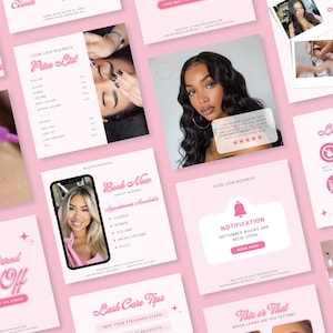 Könnte beinhalten: Eine Sammlung von pinken und weißen Social-Media-Grafiken für ein Wimpernstudio. Die Grafiken beinhalten eine Preisliste, Buchungsinformationen, Tipps zur Wimpernpflege und eine Benachrichtigung, dass die September-Termine jetzt geöffnet sind.