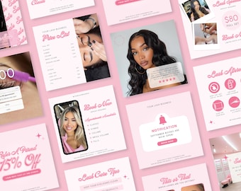 May include: A collection of pink and white social media graphics for a lash business. The graphics include a price list, booking information, lash care tips, and a notification that September books are now open.