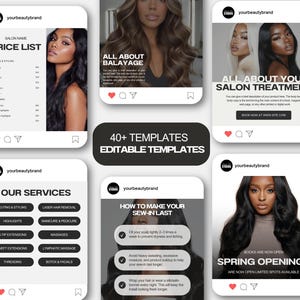 May include: A set of Instagram templates for a beauty brand, showcasing salon services, price lists, and hair care advice. The templates feature images of hairstyles and text such as "All About Balayage" and "Spring Openings."