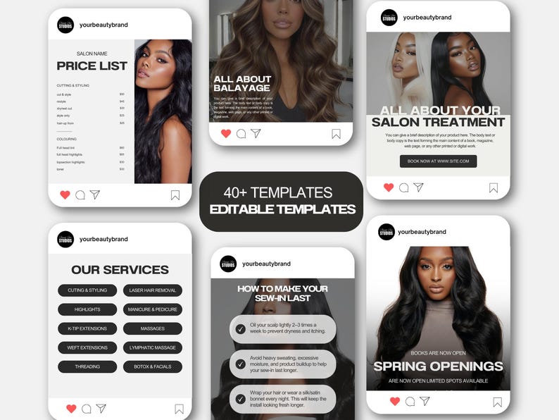 May include: A set of Instagram templates for a beauty brand, showcasing salon services, price lists, and hair care advice. The templates feature images of hairstyles and text such as "All About Balayage" and "Spring Openings."
