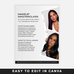 Peut inclure: Un dépliant pour une masterclass de maquillage le 25 juillet 2026 à Miami, FL. Il détaille les inclusions comme un kit de démarrage, une certification et du réseautage, ainsi que des sujets comme le contouring et le teint, avec deux photos.