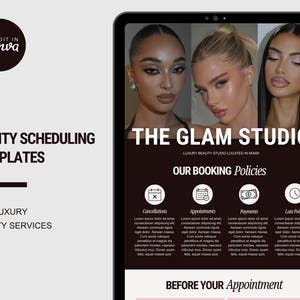 Könnte beinhalten: Digitale Werbung für "The Glam Studio" Schönheitsdienstleistungen, mit drei geschminkten Frauen. Die Anzeige enthält Buchungsrichtlinien und Acuity Scheduling Vorlagen.