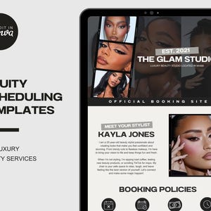 Könnte beinhalten: Ein Tablet-Bildschirm zeigt eine Werbegrafik für "The Glam Studio", ein Luxus-Schönheitsstudio. Das Design zeigt Bilder von Models, den Text "Acuity Scheduling Templates" und Informationen über eine Stylistin namens Kayla Jones.